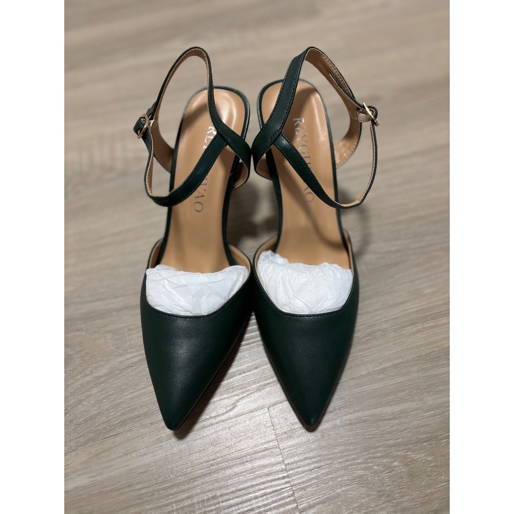 RLYGHWAO Women Dark Green Pointed Toe Ankle Strap Stiletto Pumps Size 5 EU 35